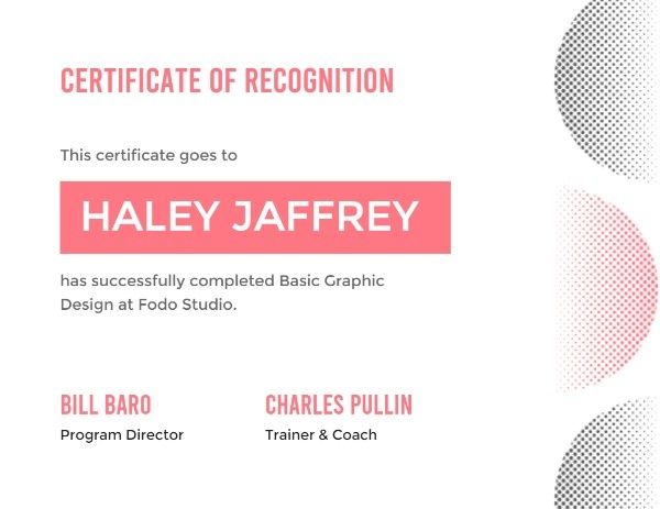 certificate of recognition, program, course certificate, Pink Recognition Certificate Template