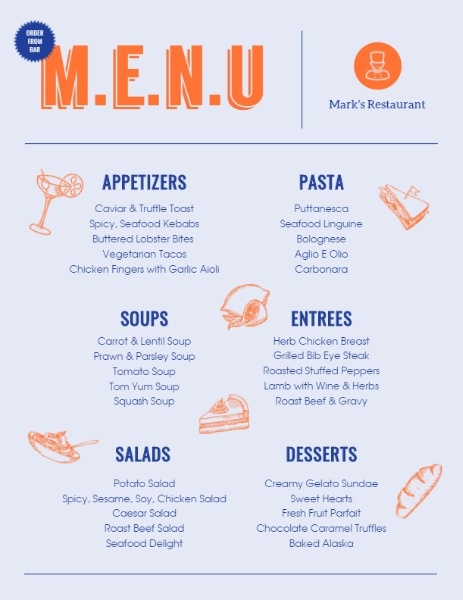 橙色和蓝色自助餐厅菜单 英文菜单