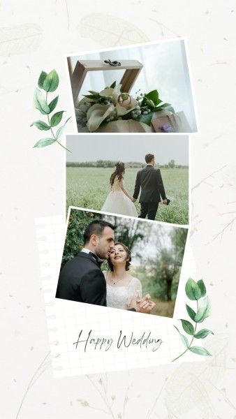marriage, love, couple, Green Watercolors Background Wedding Collage Photo Collage 9:16 Template