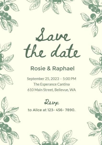 marriage, marry, love, Yellow And Green Olive Leaves Save The Date Invitation Template