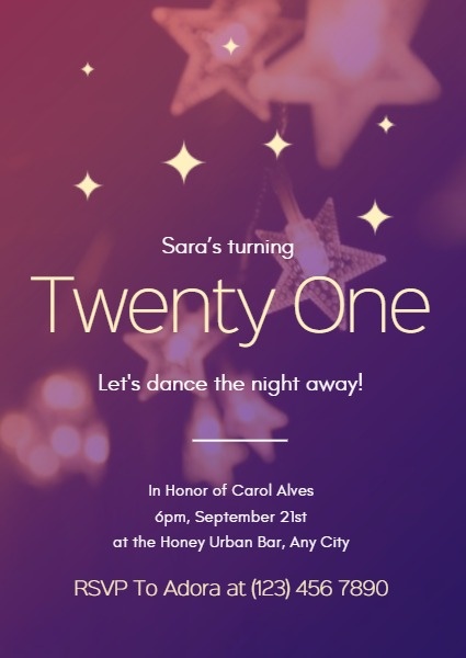 Starry Light Twenty One Birthday Invitation Invitation