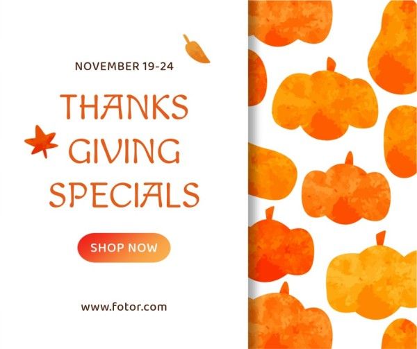 autumn, holiday, fall, White And Orange Pumpkin Background Thanksgiving Specials Facebook Post Template