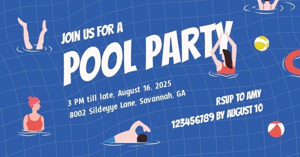 蓝色插画夏日泳池派对 Facebook活动封面