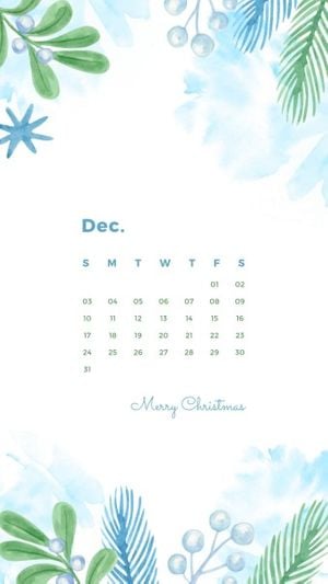 christmas, winter, season, White And Blue Hand Drawn Botanical December Calendar Mobile Wallpaper Template