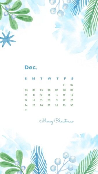 White And Blue Hand Drawn Botanical December Calendar スマホ壁紙