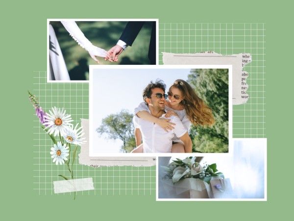 love, lover, couple, Green Floral Vintage Scrapbook Collage Photo Collage 4:3 Template