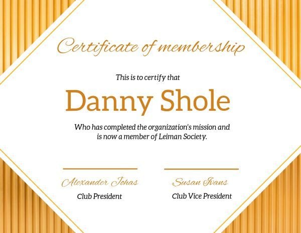 certificate of membership, membership, club, Yellow Member Certificate Template