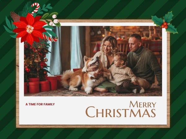 グリーンビンテージクリスマス家族写真 メッセージカード