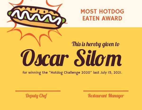 food competition certificate, hotdog competition, food competition, Cute Hordog Competition Certificate Template