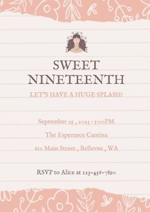 happy birthday, party, events, Pink And Cute Girl Nineteenth Birthday Invitation Template