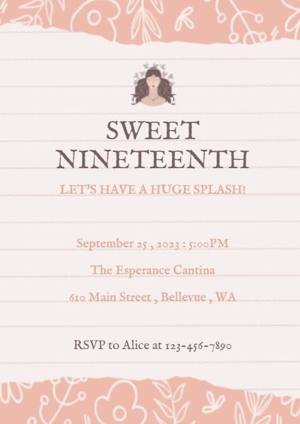 happy birthday, party, events, Pink And Cute Girl Nineteenth Birthday Invitation Template