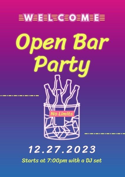 drink, pub, sale, Open Bar Party Neon Sign Poster Template
