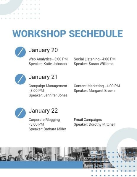workshops, office, company, Blue And White Marketing Workshop Program Template