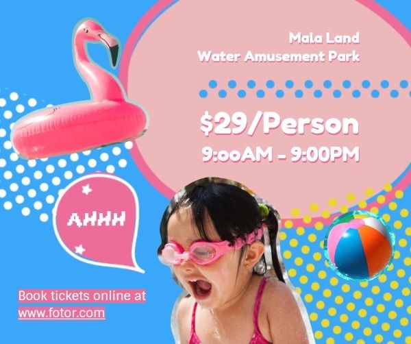 chilren, kid, girl, Pink And Blue Children Water Amusement Park Ads Facebook Post Template