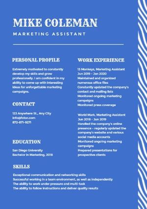 document, cv, job, Marketing Assistant Blue Resume Template
