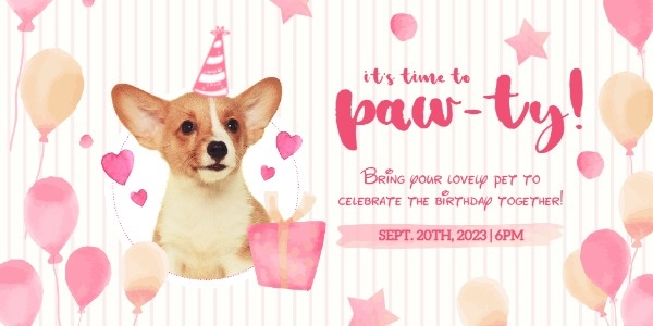ピンク犬誕生日パーティー招待状 Twitter画像