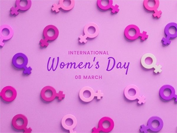 march 8, greeting, celebration, Purple Female Symbols Background International Women's Day Card Template