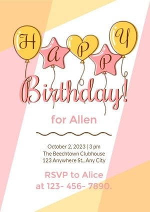 party, events, celebrate, Pink And Yellow Background Balloon Happy Birthday Invitation Template