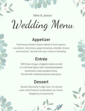 dinner, food, cuisine, Blue Plants Wedding Menu Template
