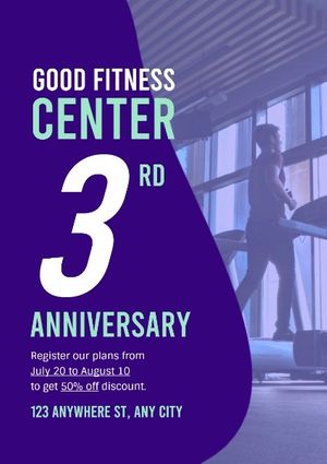 workout, promotion, discout, Purple Fitness Center Anniversary Poster Template