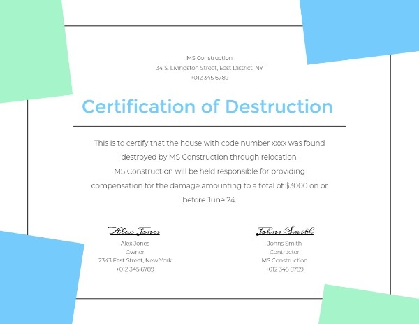 Certificate Of Destruction Certificate