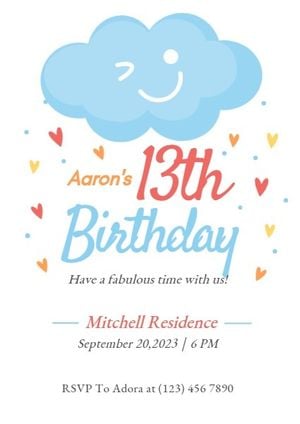 happy birthday, greeting, wishing, Cute Blue Cloud Kid Birthday Invitation Template