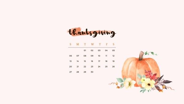 greeting, autumn, fall, Pink Minimal Watercolor Thanksgiving Calendar Desktop Wallpaper Template