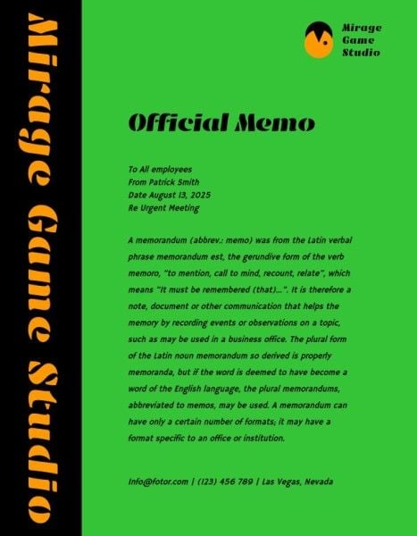 advertisement, business, promotion, Green Mirage Game Studio Memo Template
