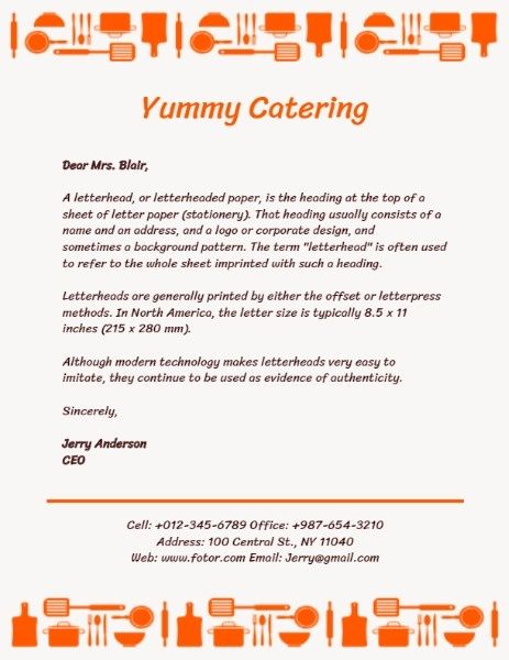 restaurant, cook, food, Yummy Catering Letterhead Template