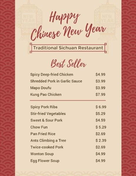 traditional, food, restaurant, Chinese New Year Menu Template