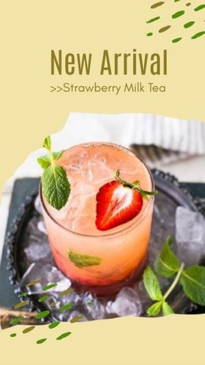 drink, fruit, summer, Yellow New Arrival Strawberry Milk Tea Instagram Story Template