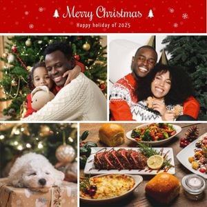 happy, celebration, modern, Red Festive Christmas Holiday Photo Collage (Square) Template