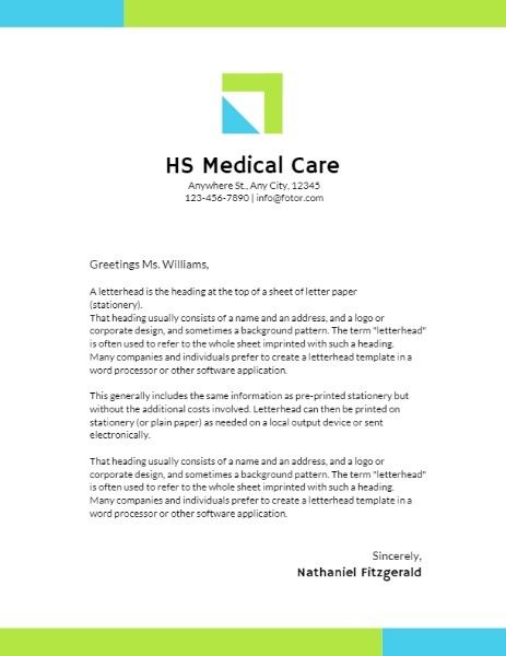 Green And Blue Medical Care Organization Letter Letterhead
