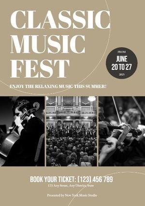 music festival, concert, art, Brown Background And Monochrome Photo Classic Music Poster Template