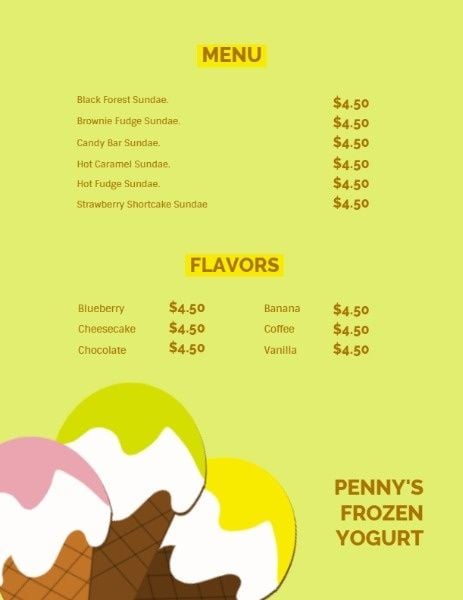 冷冻酸奶菜单 英文菜单