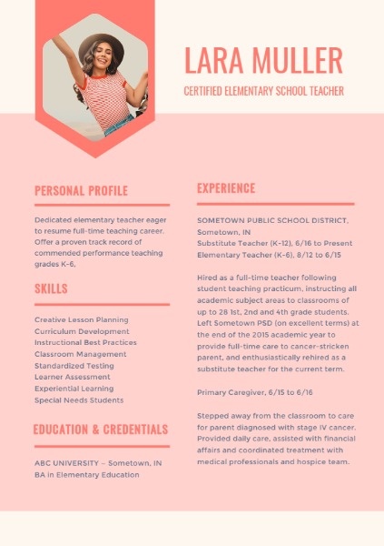 Certified Elementary School Teacher Pink Resume Resume