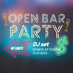 lights, pub, drink, Open Bar Party Neon Sign Instagram Post Template