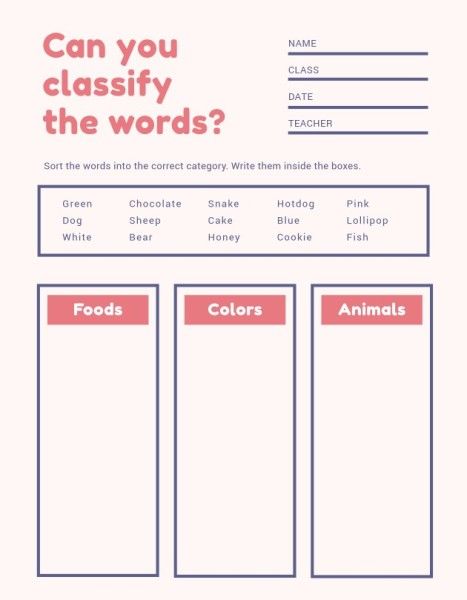 exercise, simple, school, Words Classify Homework Worksheet Template