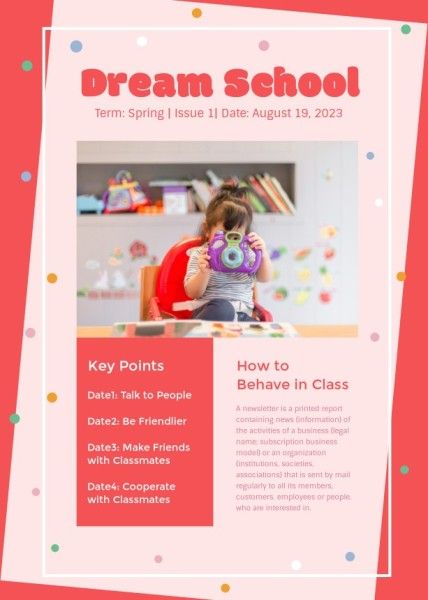 business, marketing, promotion, Pink Dream School Newsletter Template