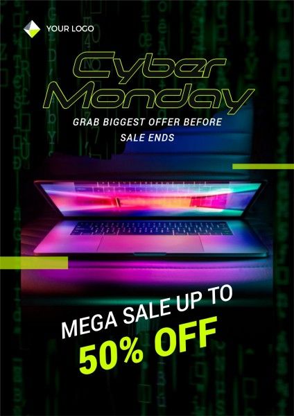 ecommerce, digital product, 3c, Gradient Neon Cyber Monday Online Shopping Pormotion Laptop Poster Template