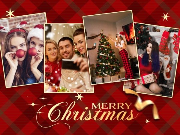 holiday, celebration, greeting, Red Plaid Background Christmas Photo Collage Card Template
