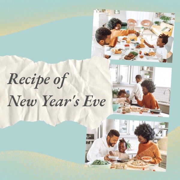 holiday, celebration, family, Blue New Year Recipe Photo Collage (Square) Template