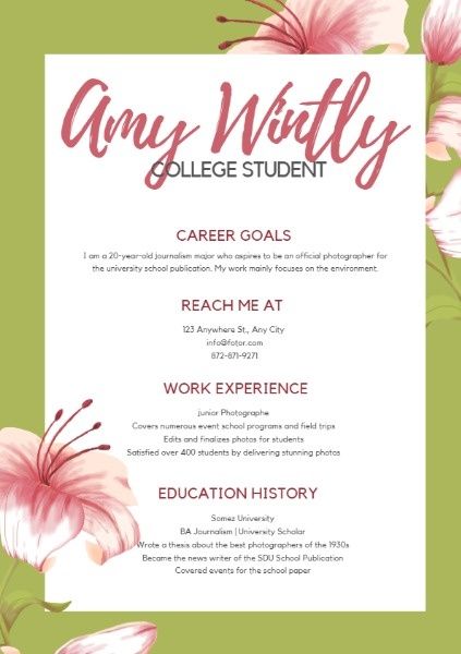 college student, job hunting, graduate, Green And Pink Floral Style Student CV Resume Template