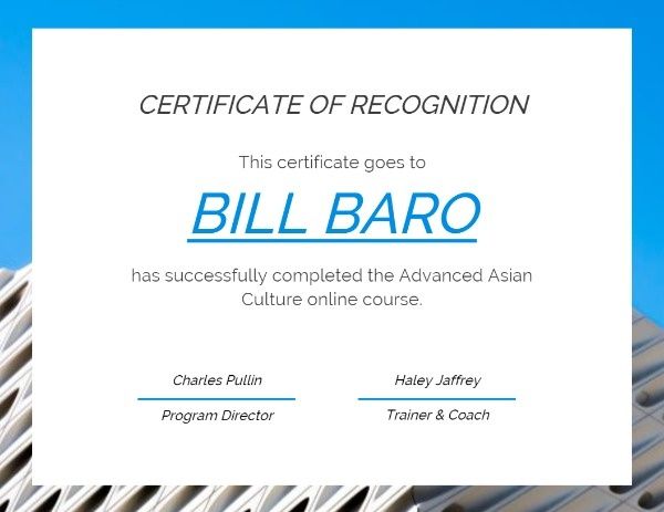 certificate of recognition, course certificate, couse, White Blue Recognition Certificate Template