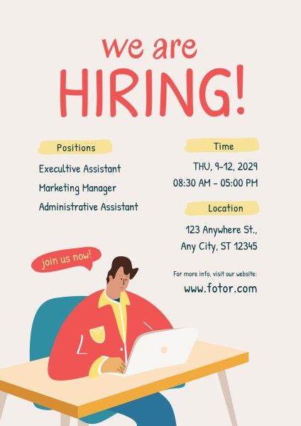 hire, employment, recruit, Beige Orange Illustration We Are Hiring Poster Template