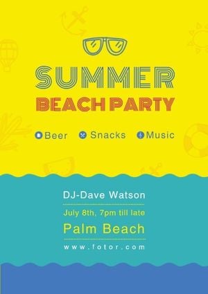 season, beach party, event, Blue Yellow Summer Party Flyer Template