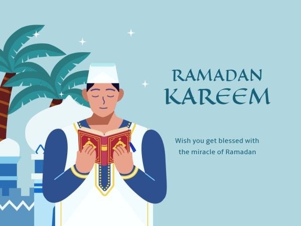 eid, mubarak, greeting, Blue Illustration Ramadan Kareem Prayer Card Template
