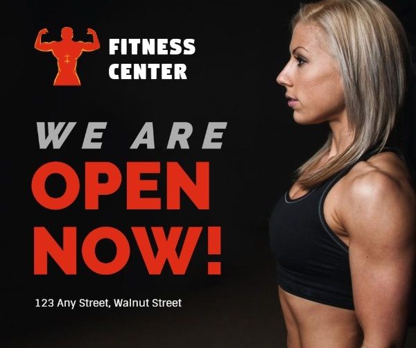 open now, gym, workout, Black Fitness Center Grand Opening Facebook Post Template
