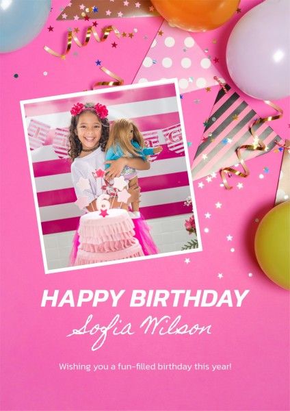 greeting, celebration, happy birthday, Pink Modern Girl's Birthday Poster Template