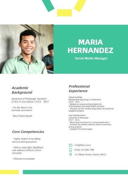 cv, job, work, Social Media Manager Green Yellow Resume Template